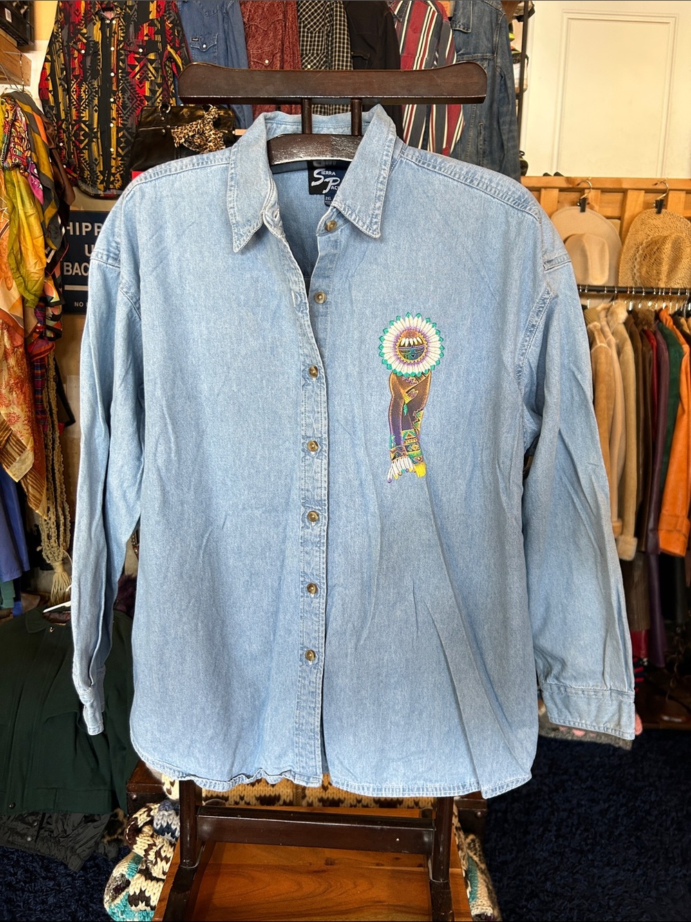 Light Wash Denim Button-Up Shirt with Colorful Embroidery